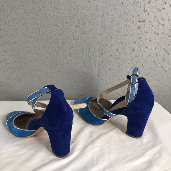 Mavette Shoes Womens 7.5 Blue Suede Nala D'orsay Pump Round Toe  Silver Piping - Picture 11 of 16